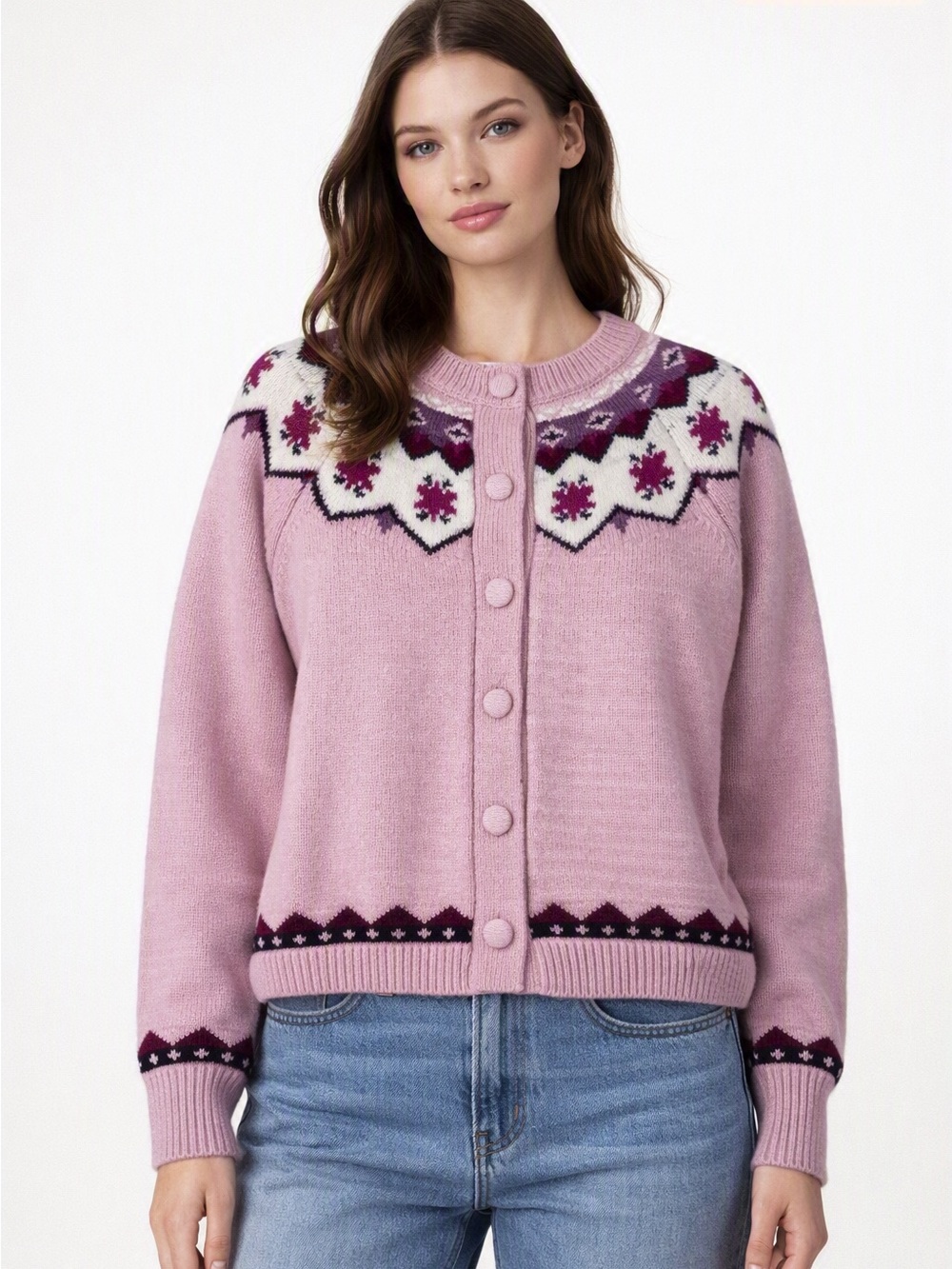 Bailey 44 pink Fair Isle cardigan sweater Sz XL Nordic Crewneck SoftGirl NWT